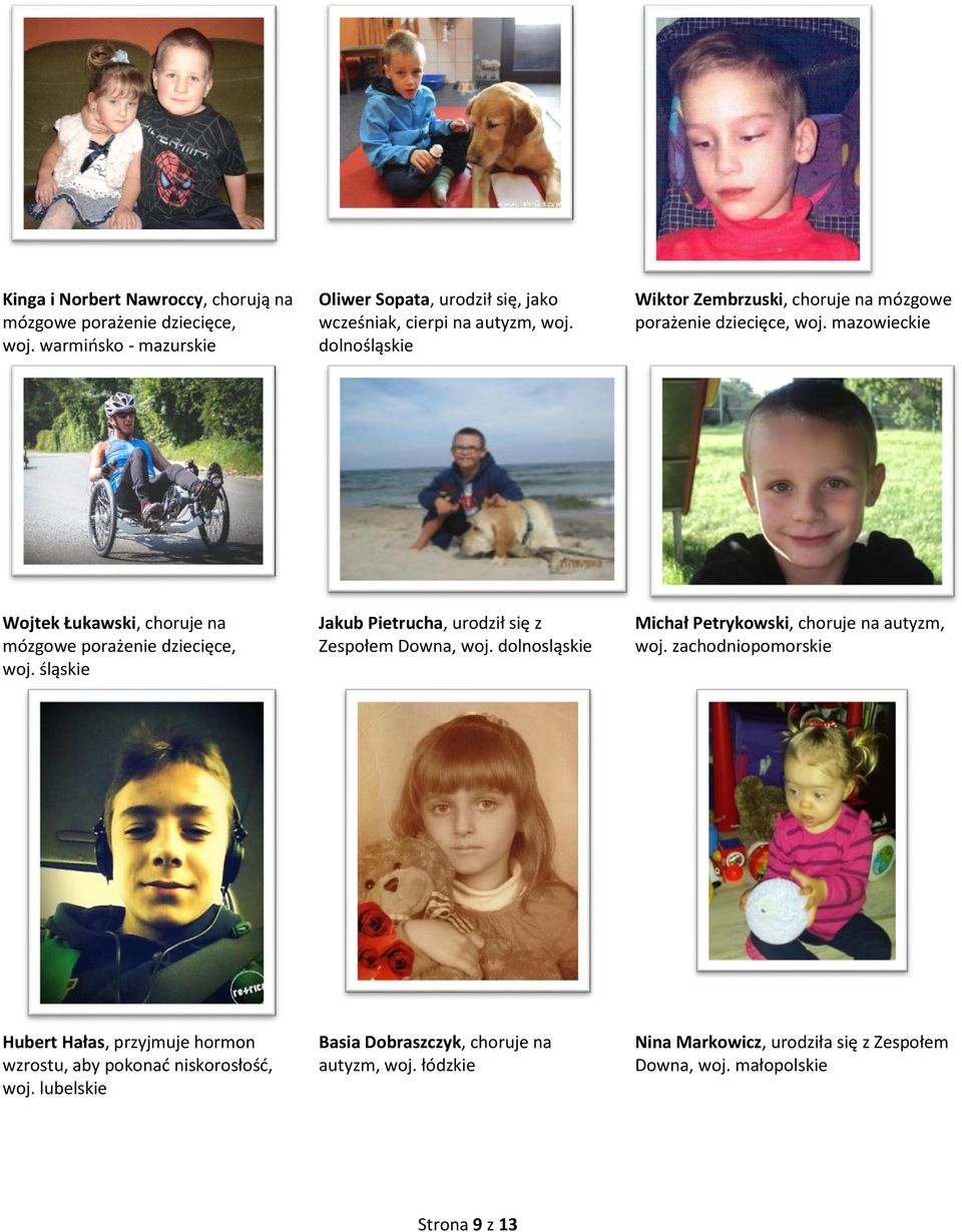 śląskie Jakub Pietrucha, urodził się z Zespołem Downa, woj. dolnosląskie Michał Petrykowski, choruje na autyzm, woj.