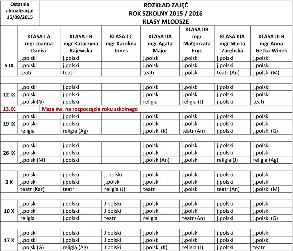 13.IX. 19 IX 26 IX 3 X 10 X 17 X j.polski(g) j.polski religia religia (J) j.polski teatr Msza św. na rozpoczęcie roku szkolnego religia religia (Ag) j.polski (K) teatr (An) j.polski j.