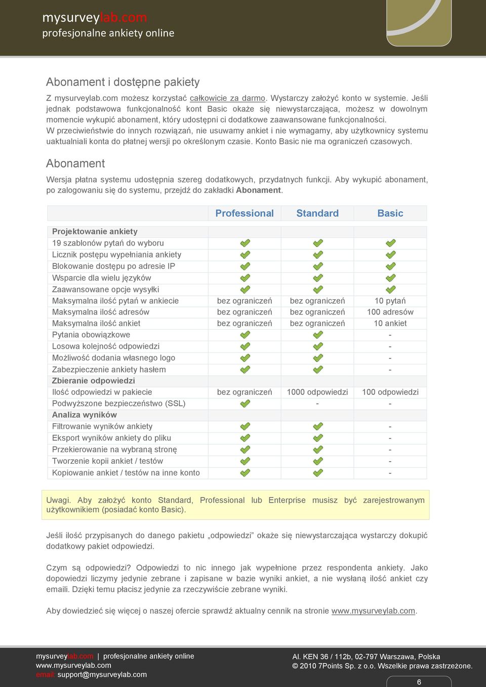 W przeciwieństwie do innych rozwiązań, nie usuwamy ankiet i nie wymagamy, aby użytkownicy systemu uaktualniali konta do płatnej wersji po określonym czasie. Konto Basic nie ma ograniczeń czasowych.