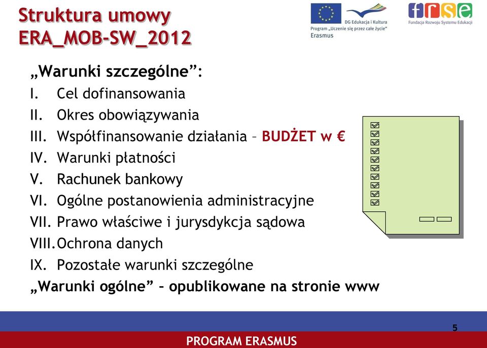 Rachunek bankowy VI. Ogólne postanowienia administracyjne VII.