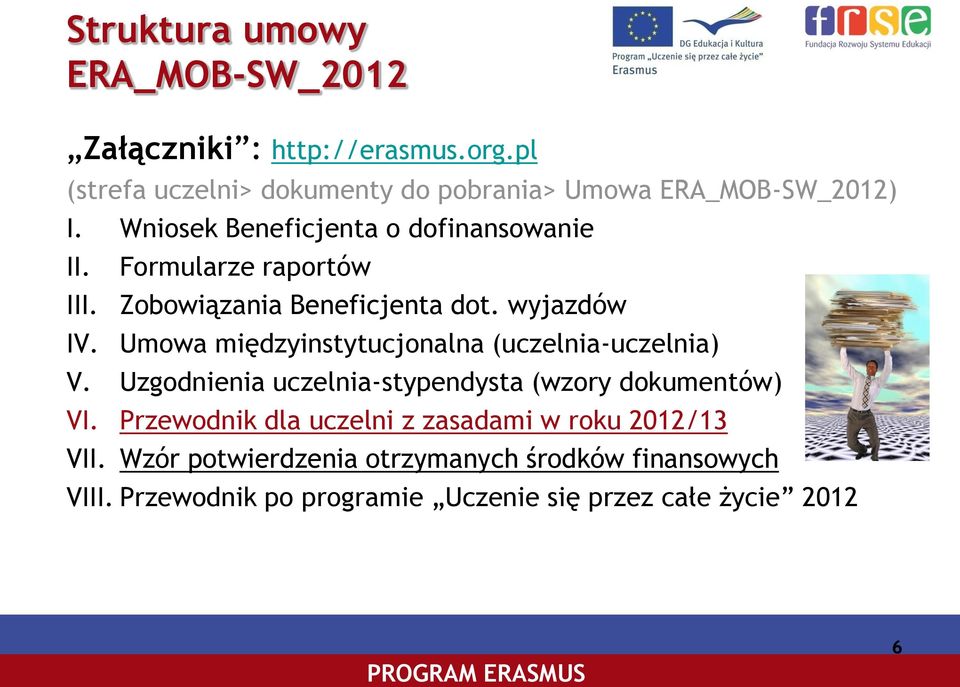 Formularze raportów III. Zobowiązania Beneficjenta dot. wyjazdów IV. Umowa międzyinstytucjonalna (uczelnia-uczelnia) V.