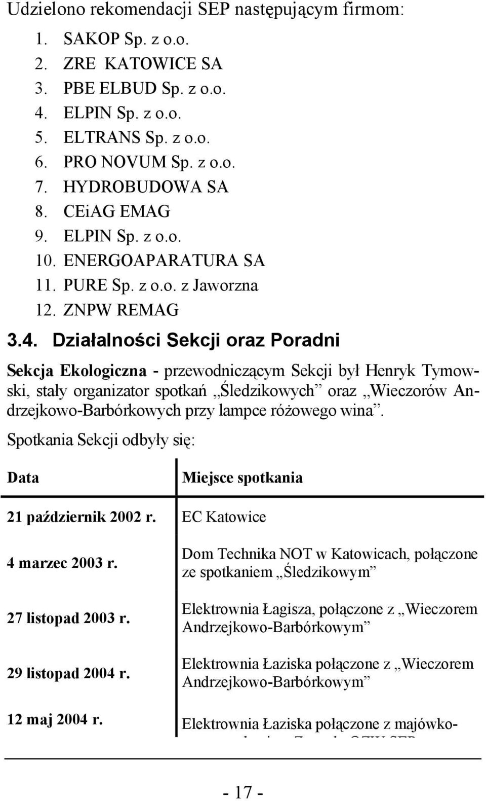 Działalności Sekcji oraz Poradni Sekcja Ekologiczna - przewodniczącym Sekcji był Henryk Tymowski, stały organizator spotkań Śledzikowych oraz Wieczorów Andrzejkowo-Barbórkowych przy lampce różowego