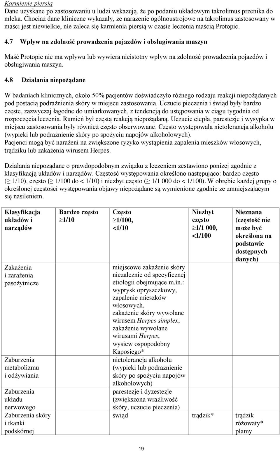 7 Wpływ na zdolność prowadzenia pojazdów i obsługiwania maszyn Maść Protopic nie ma wpływu lub wywiera nieistotny wpływ na zdolność prowadzenia pojazdów i obsługiwania maszyn. 4.