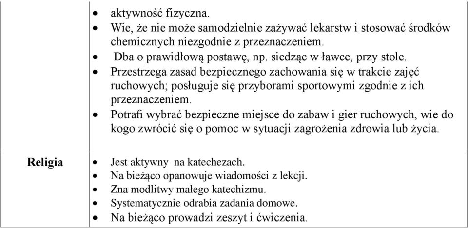 Przestrzega zasad bezpiecznego zachowania się w trakcie zajęć ruchowych; posługuje się przyborami sportowymi zgodnie z ich przeznaczeniem.