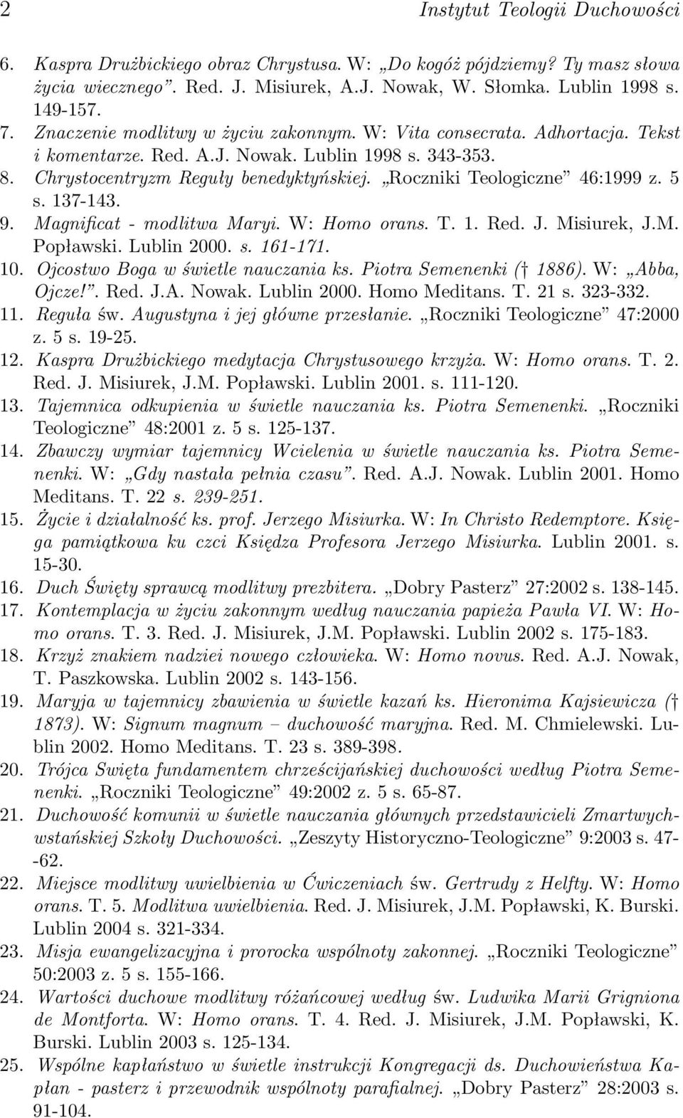 Roczniki Teologiczne 46:1999 z. 5 s. 137-143. 9. Magnificat - modlitwa Maryi. W: Homo orans. T. 1. Red. J. Misiurek, J.M. Popławski. Lublin 2000. s. 161-171. 10. Ojcostwo Boga w świetle nauczania ks.