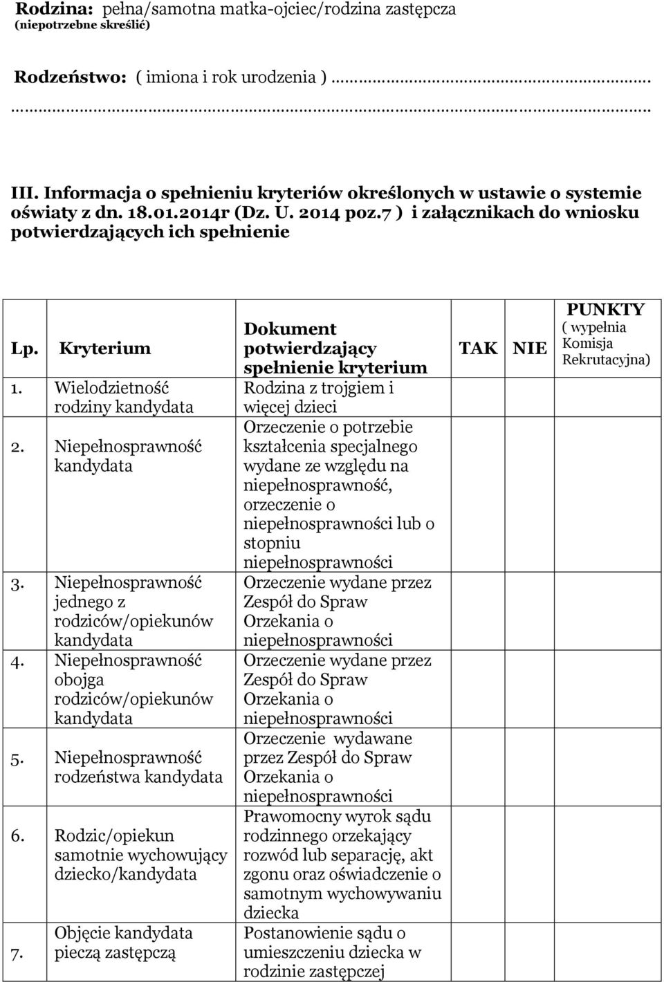 Wielodzietność rodziny kandydata 2. Niepełnosprawność kandydata 3. Niepełnosprawność jednego z rodziców/opiekunów kandydata 4. Niepełnosprawność obojga rodziców/opiekunów kandydata 5.