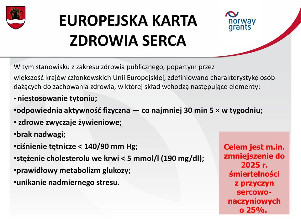 najmniej 30 min 5 w tygodniu; zdrowe zwyczaje żywieniowe; brak nadwagi; ciśnienie tętnicze < 140/90 mm Hg; stężenie cholesterolu we krwi < 5 mmol/l (190