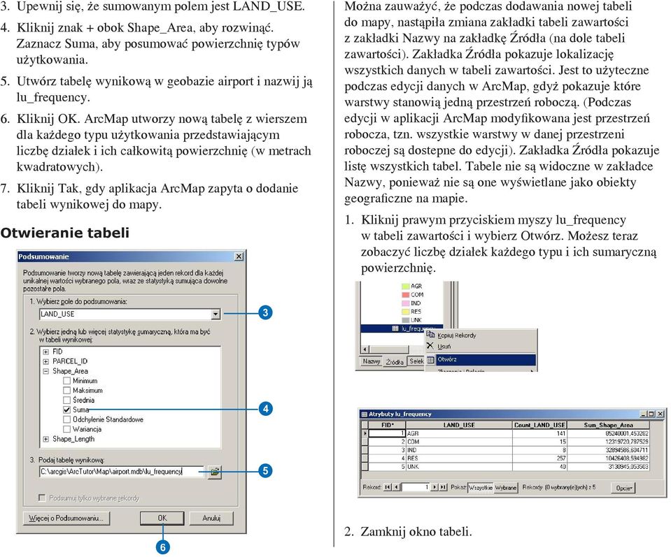 ArcMap utworzy nową tabelę z wierszem dla każdego typu użytkowania przedstawiającym liczbę działek i ich całkowitą powierzchnię (w metrach kwadratowych). 7.