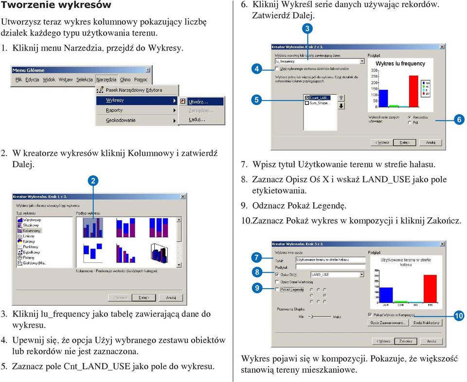 Zaznacz Opisz Oś X i wskaż LAND_USE jako pole etykietowania. 9. Odznacz Pokaż Legendę. 10.Zaznacz Pokaż wykres w kompozycji i kliknij Zakończ. 7 8 9 3.