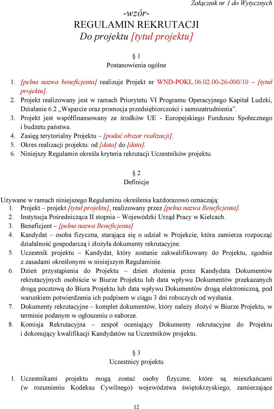 Projekt jest współfinansowany ze środków UE - Europejskiego Funduszu Społecznego i budżetu państwa. 4. Zasięg terytorialny Projektu [podać obszar realizacji]. 5.