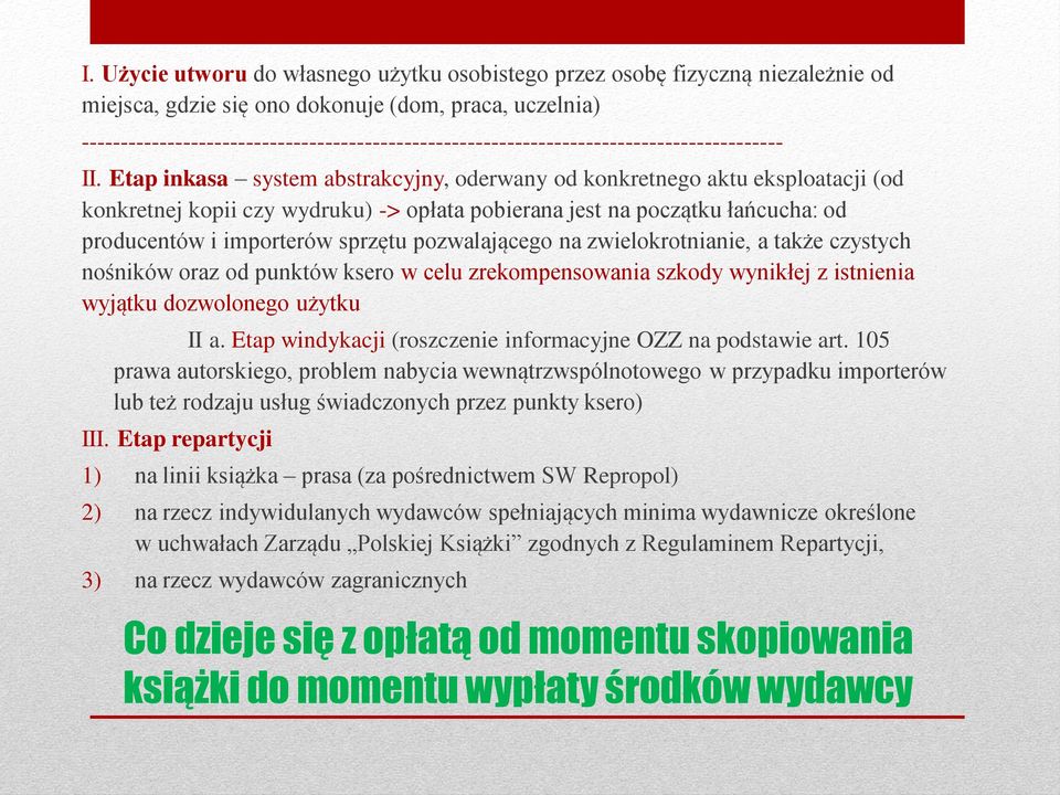 Etap inkasa system abstrakcyjny, oderwany od konkretnego aktu eksploatacji (od konkretnej kopii czy wydruku) -> opłata pobierana jest na początku łańcucha: od producentów i importerów sprzętu