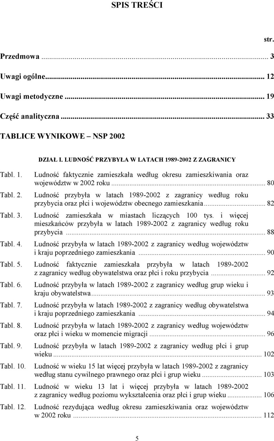 .. 80 Ludność przybyła w latach 1989-2002 z zagranicy według roku przybycia oraz płci i województw obecnego zamieszkania... 82 Ludność zamieszkała w miastach liczących 100 tys.