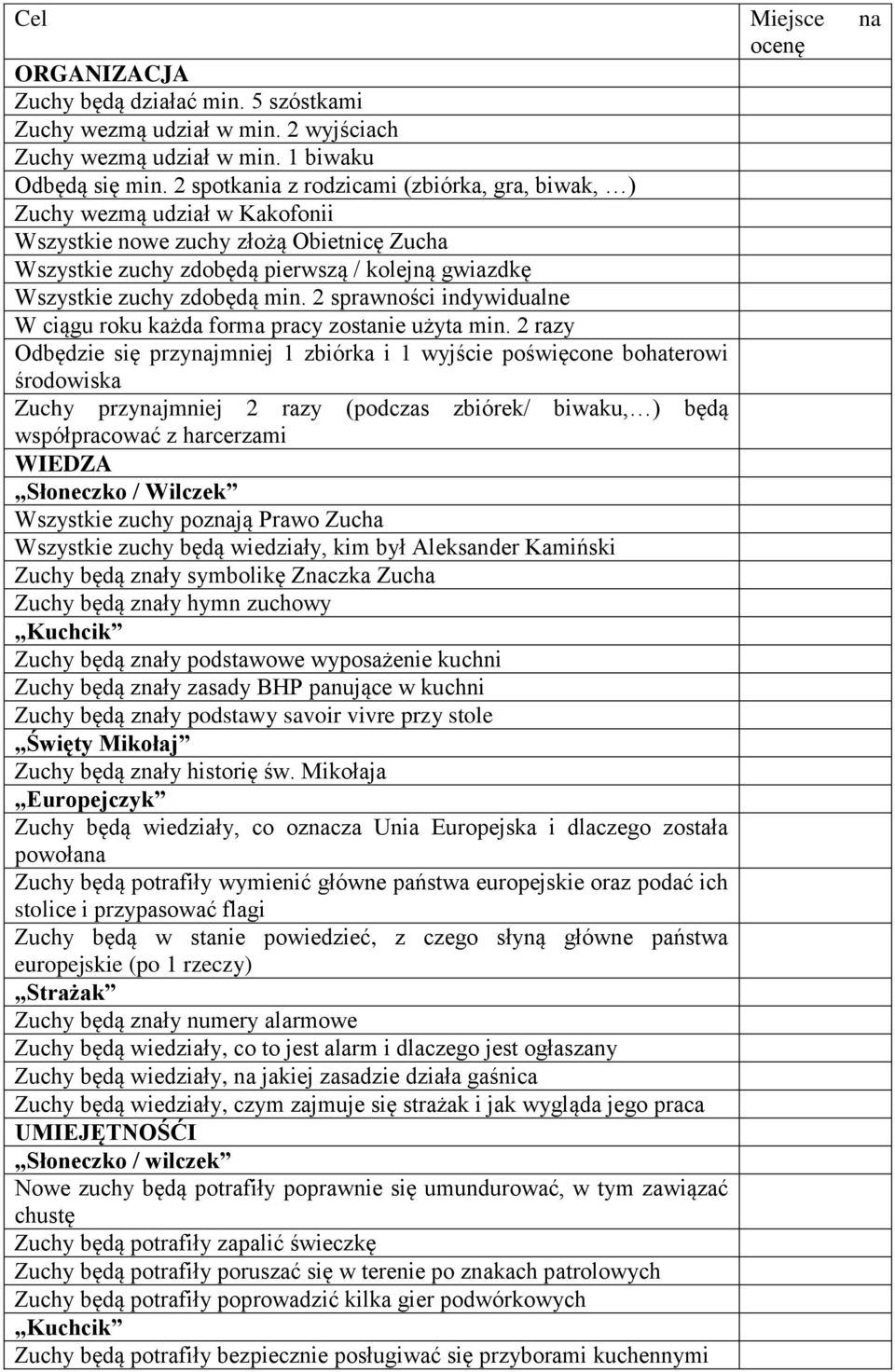 min. 2 sprawności indywidualne W ciągu roku każda forma pracy zostanie użyta min.