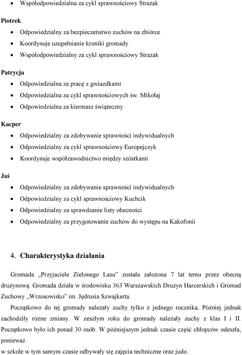 Mikołaj Odpowiedzialna za kiermasz świąteczny Kacper Odpowiedzialny za zdobywanie sprawności indywidualnych Odpowiedzialny za cykl sprawnościowy Europejczyk Koordynuje współzawodnictwo między