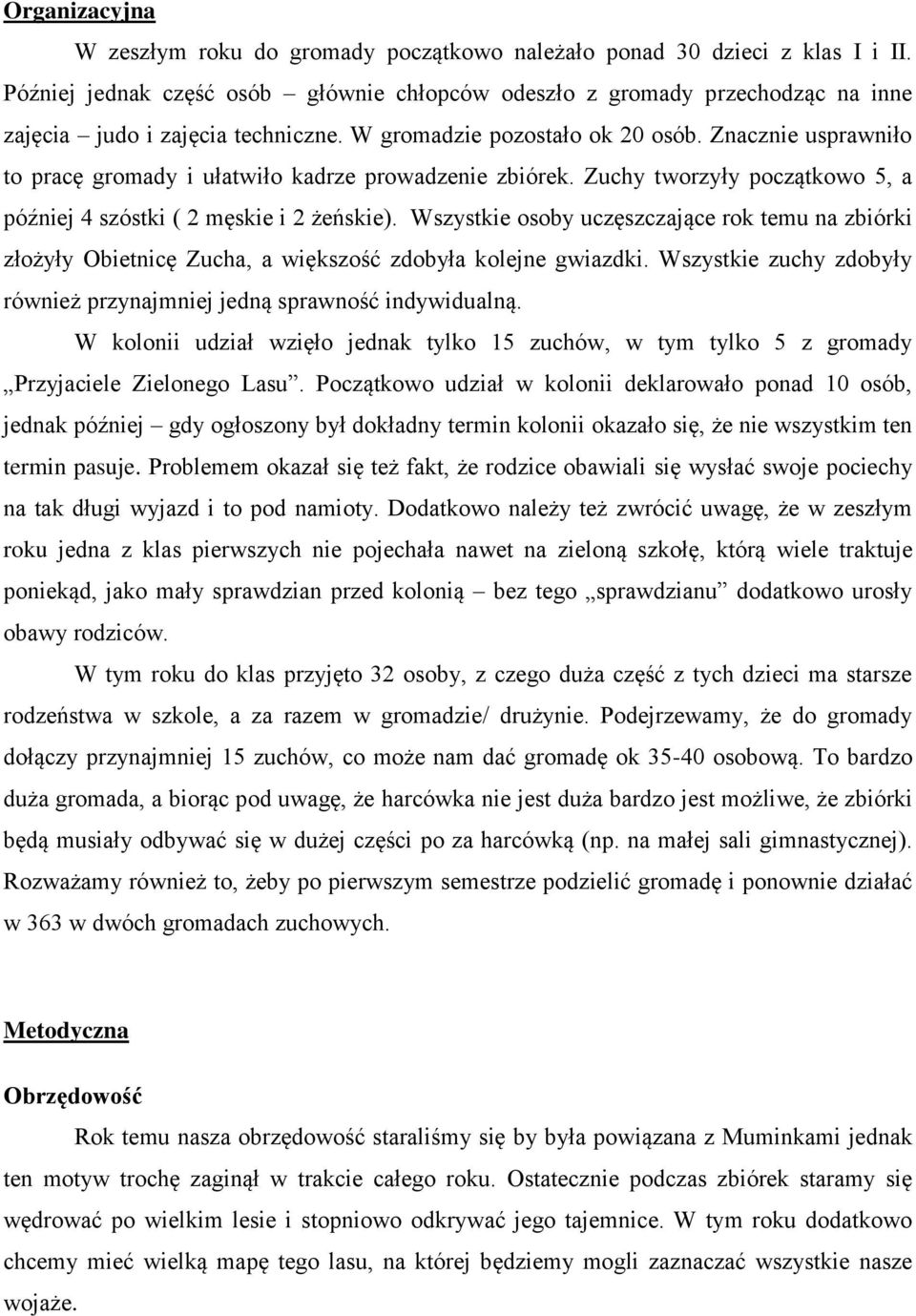 Znacznie usprawniło to pracę gromady i ułatwiło kadrze prowadzenie zbiórek. Zuchy tworzyły początkowo 5, a później 4 szóstki ( 2 męskie i 2 żeńskie).