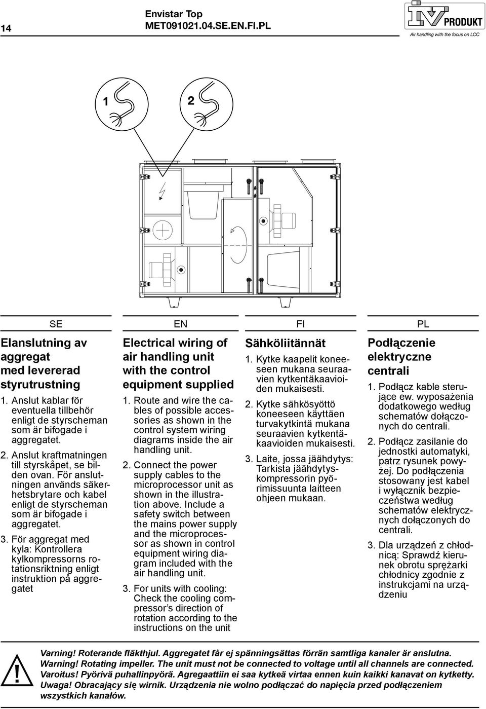 . För aggregat med kyla: Kontrollera kylkompressorns rotationsriktning enligt instruktion på aggregatet Electrical wiring of air handling unit with the control equipment supplied 1.