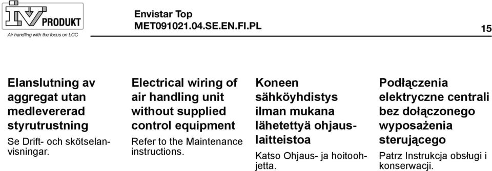 Electrical wiring of air handling unit without supplied control equipment Refer to the Maintenance instructions.