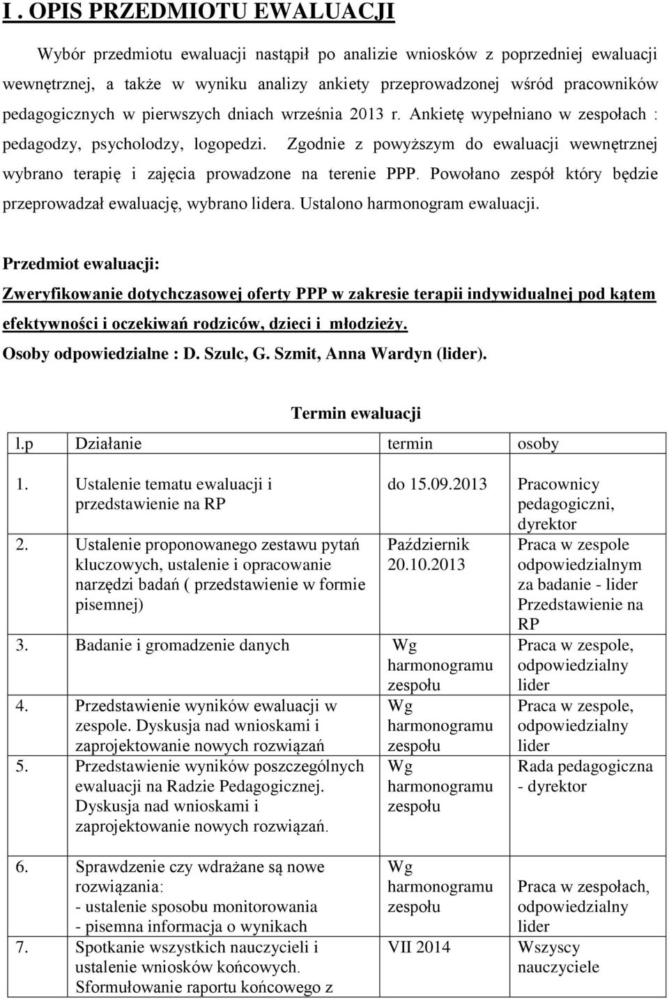 Zgodnie z powyższym do ewaluacji wewnętrznej wybrano terapię i zajęcia prowadzone na terenie PPP. Powołano zespół który będzie przeprowadzał ewaluację, wybrano lidera. Ustalono harmonogram ewaluacji.