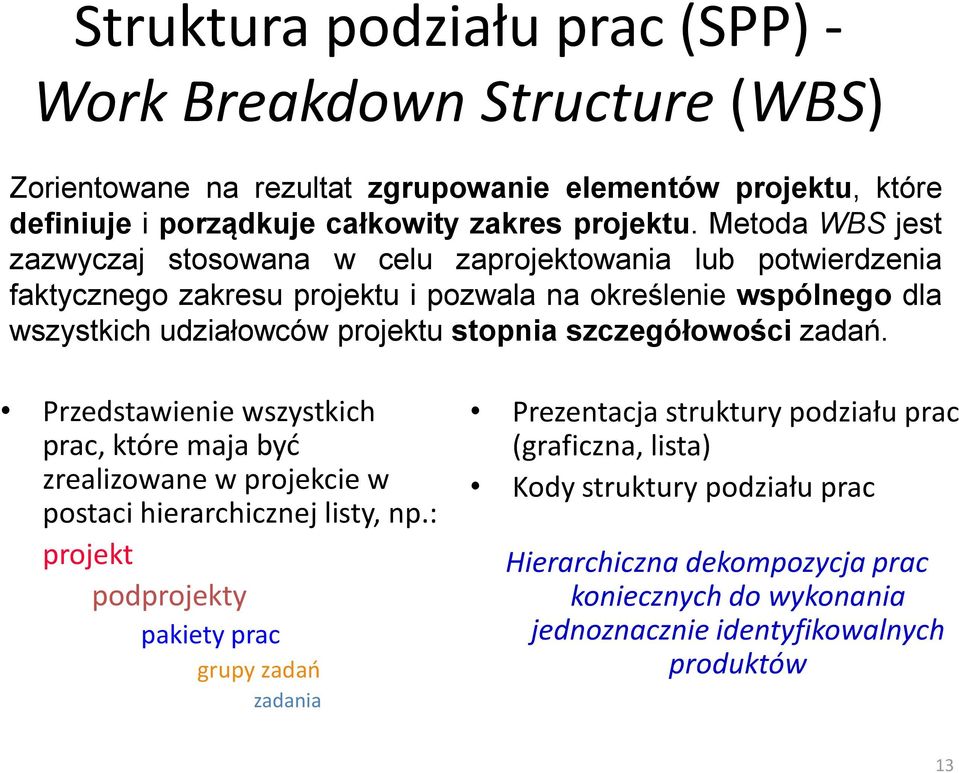 stopnia szczegółowości zadań. Przedstawienie wszystkich prac, które maja byd zrealizowane w projekcie w postaci hierarchicznej listy, np.