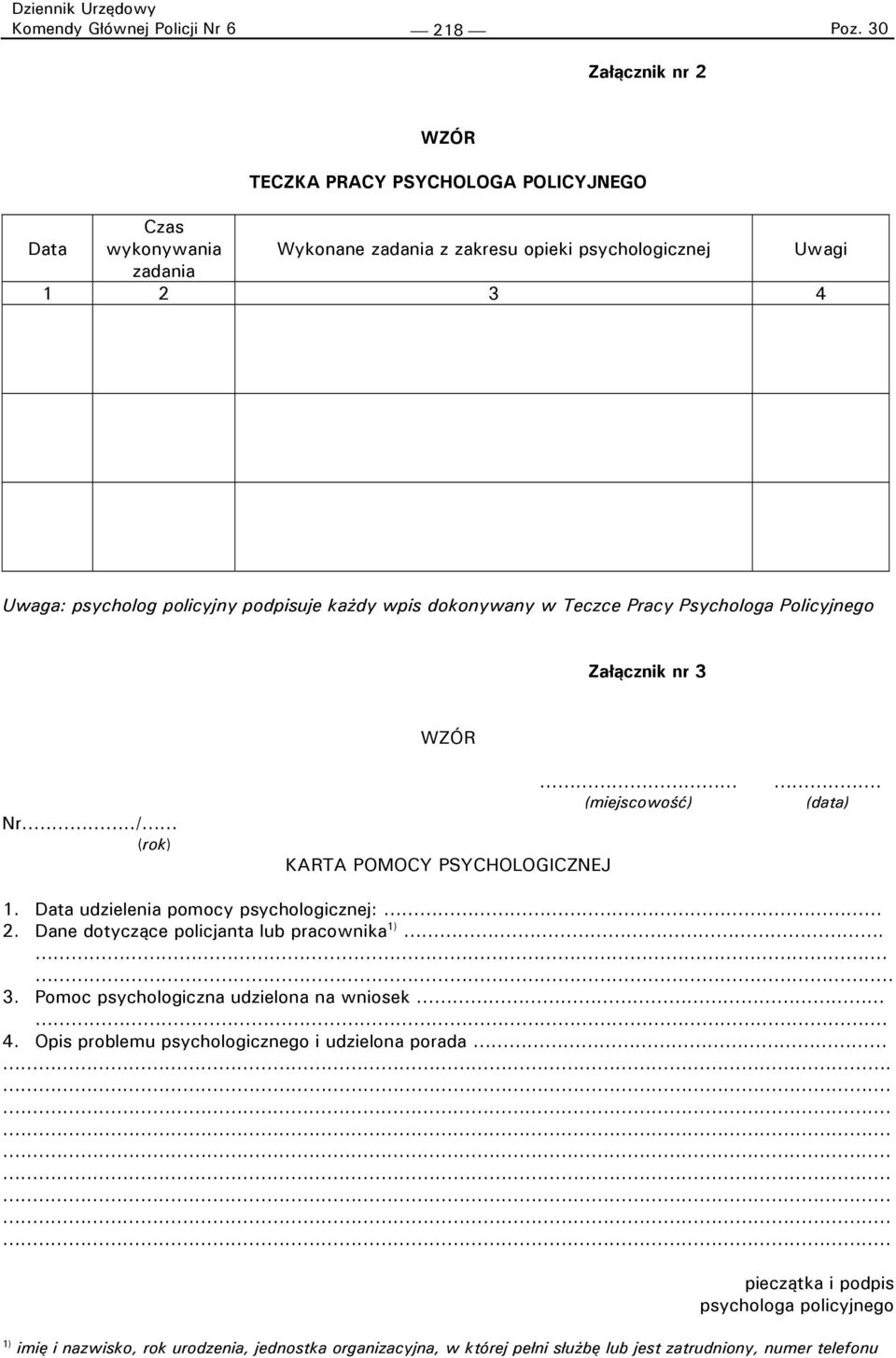 Data udzielenia pomocy psychologicznej:... 2. Dane dotyczące policjanta lub pracownika....... 3. Pomoc psychologiczna udzielona na wniosek. 4.