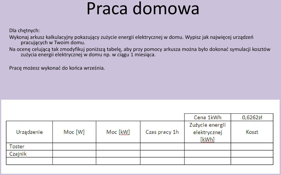 Na ocenę celującą tak zmodyfikuj poniższą tabelę, aby przy pomocy arkusza można było dokonać