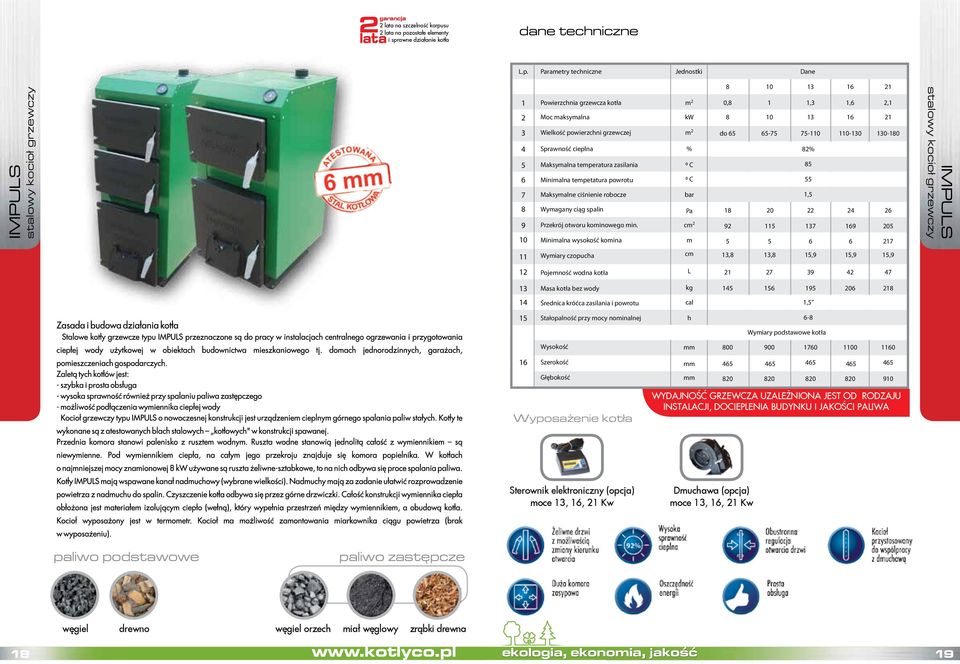 raetry techniczne Dane 1 21 1 Powierzchnia grzewcza kotła 0,8 1 1,3 1, 2,1 2 Moc aksyalna 8 10 1 21 3 Wielkość powierzchni grzewczej 2 do -7 7-110 110-0 0-0 4 Sprawność cieplna 82 Maksyalna