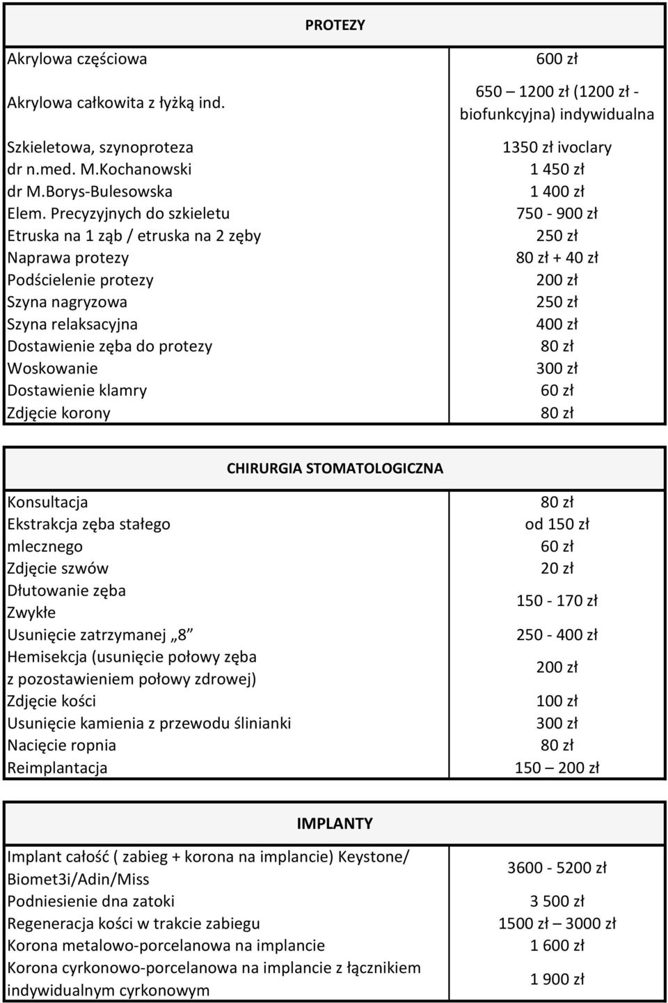 Zdjęcie korony 650 1 (1 - biofunkcyjna) indywidualna 13 ivoclary 1 4 1 400 zł 750-2 + 40 zł 2 400 zł CHIRURGIA STOMATOLOGICZNA Ekstrakcja zęba stałego mlecznego Zdjęcie szwów Dłutowanie zęba Zwykłe