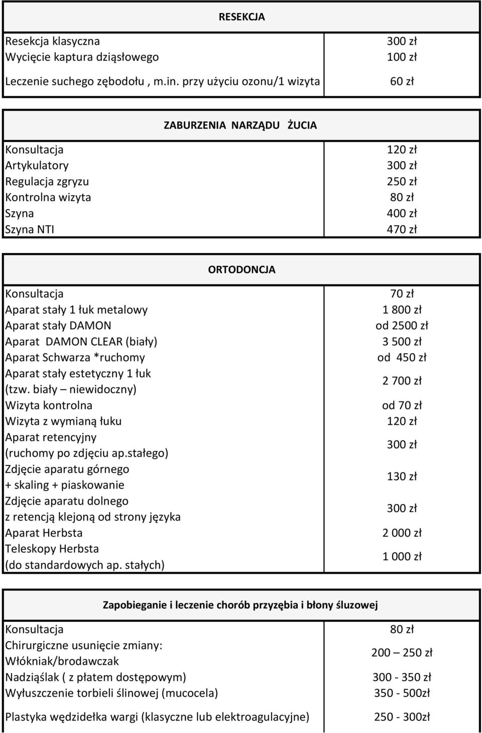 DAMON CLEAR (biały) Aparat Schwarza *ruchomy Aparat stały estetyczny 1 łuk (tzw. biały niewidoczny) Wizyta kontrolna Wizyta z wymianą łuku Aparat retencyjny (ruchomy po zdjęciu ap.