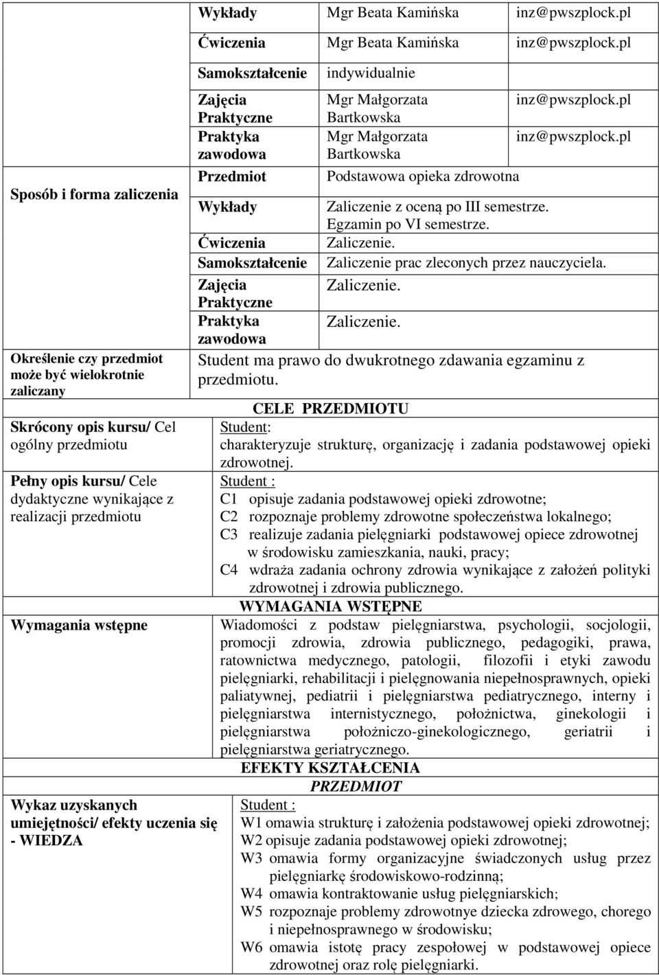 pl Samokształcenie Zajęcia Praktyczne Praktyka zawodowa Przedmiot indywidualnie Mgr Małgorzata inz@pwszplock.pl Bartkowska Mgr Małgorzata inz@pwszplock.