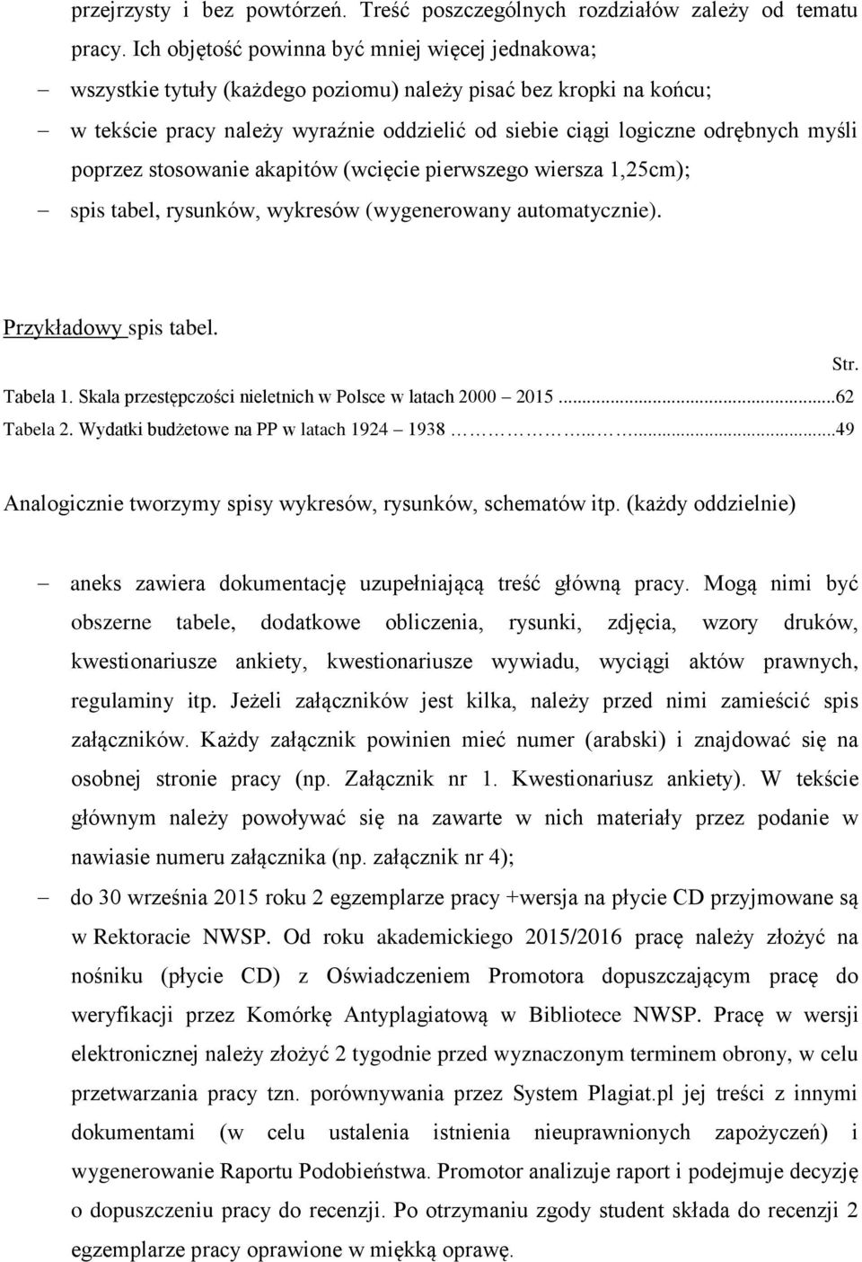 myśli poprzez stosowanie akapitów (wcięcie pierwszego wiersza 1,25cm); spis tabel, rysunków, wykresów (wygenerowany automatycznie). Przykładowy spis tabel. Str. Tabela 1.