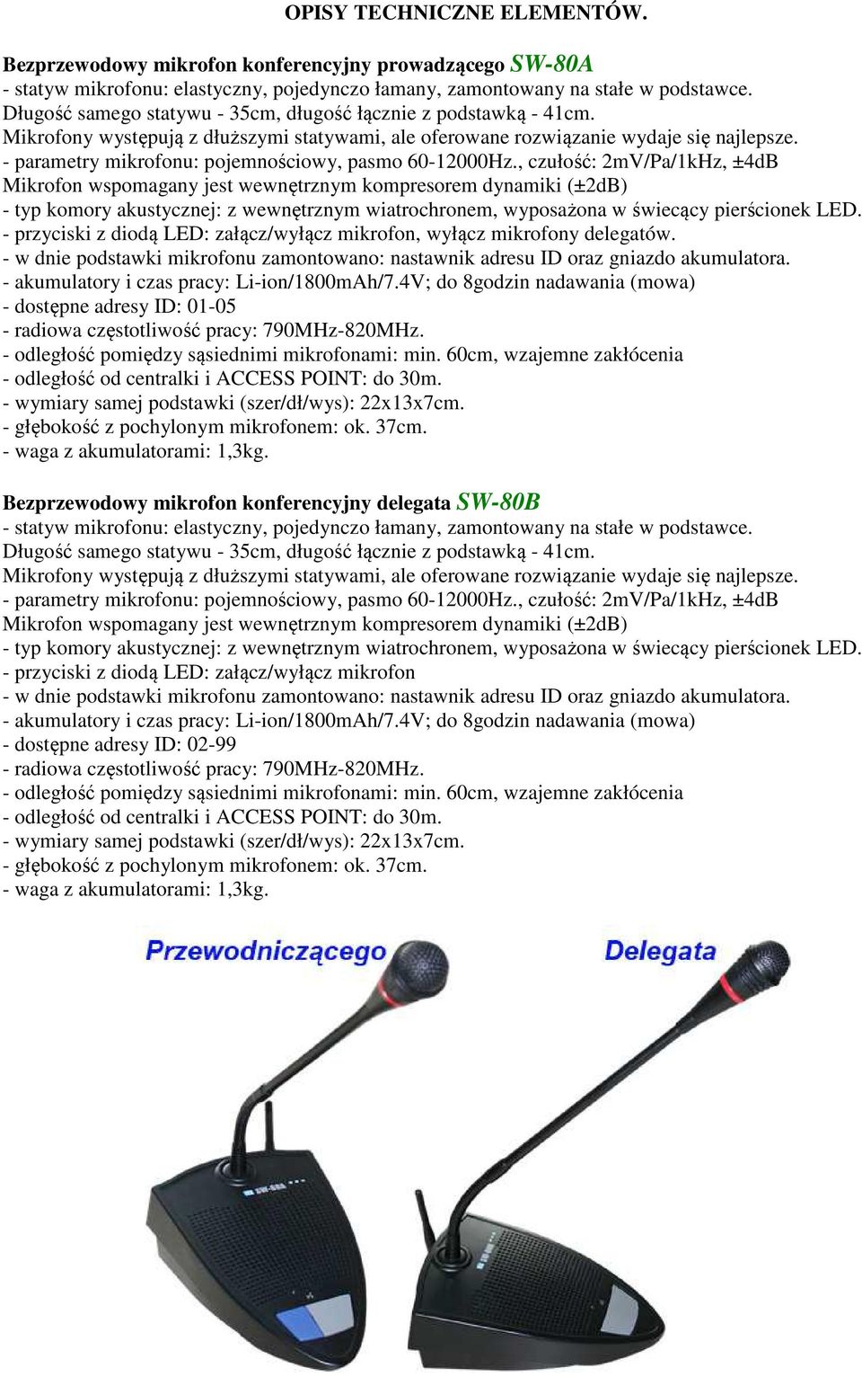 - parametry mikrofonu: pojemnościowy, pasmo 60-12000Hz.