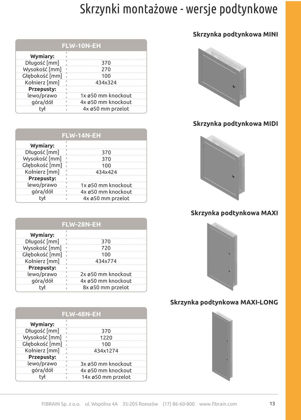 [mm] Przepusty: lewo/prawo góra/dół tył FLW-10N-EH FLW-14N-EH FLW-28N-EH FLW-48N-EH 370 270 100 434x324 1x ø50 mm knockout 4x ø50 mm knockout 4x ø50 mm przelot 370 370 100 434x424 1x ø50 mm knockout