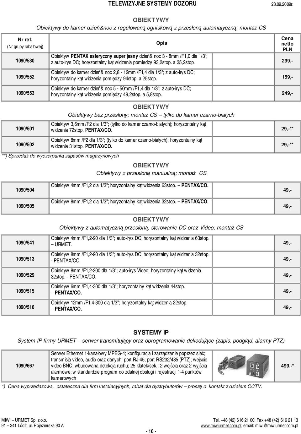 159,- Obiektyw do kamer dzie& noc 5-50mm /F1,4 dla 1/3"; z auto-irys DC; horyzontalny kt widzenia pomidzy 49,2stop. a 5,8stop.