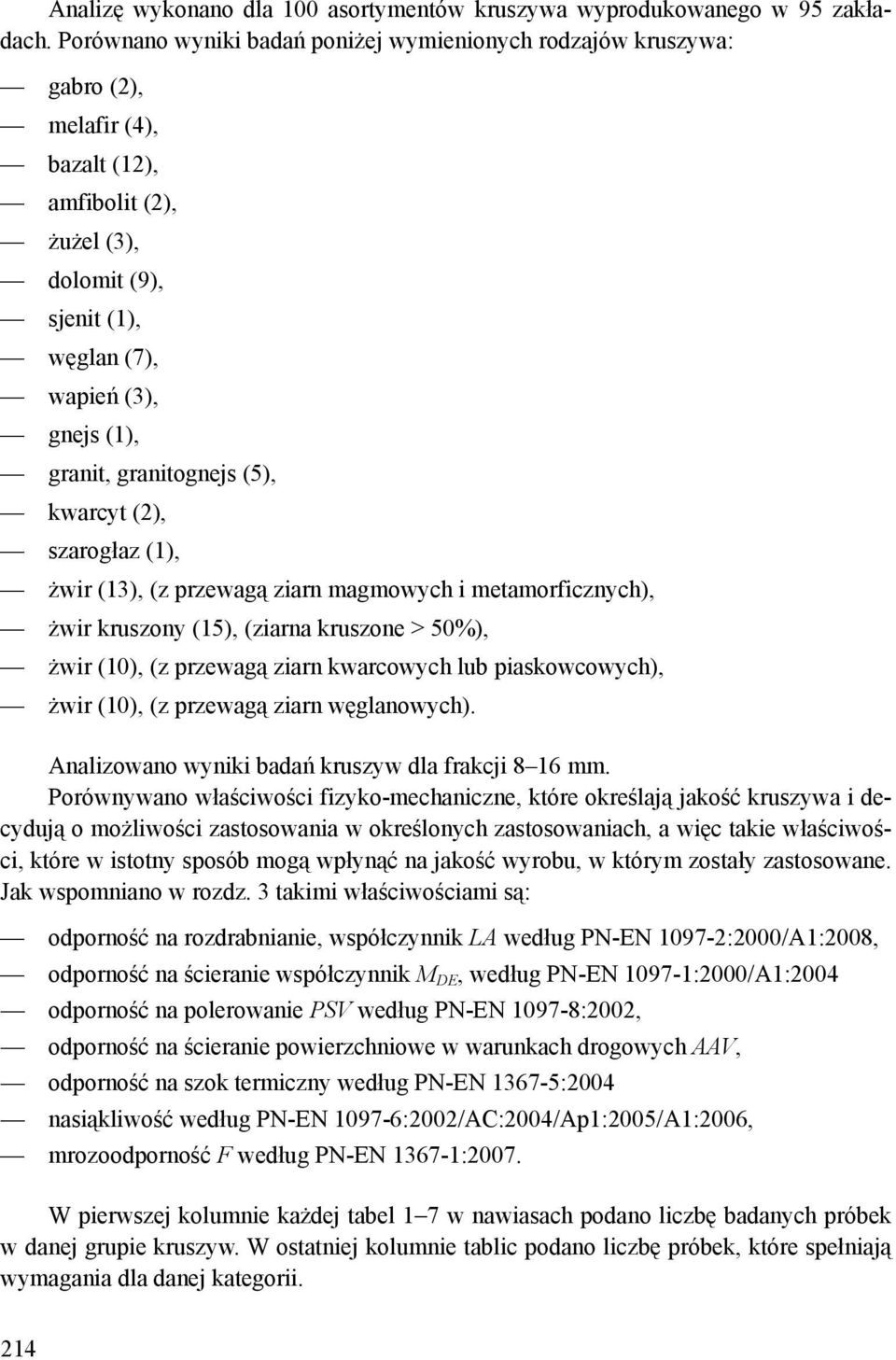 granitognejs (5), kwarcyt (2), szarogłaz (1), żwir (13), (z przewagą ziarn magmowych i metamorficznych), żwir kruszony (15), (ziarna kruszone > 50%), żwir (10), (z przewagą ziarn kwarcowych lub