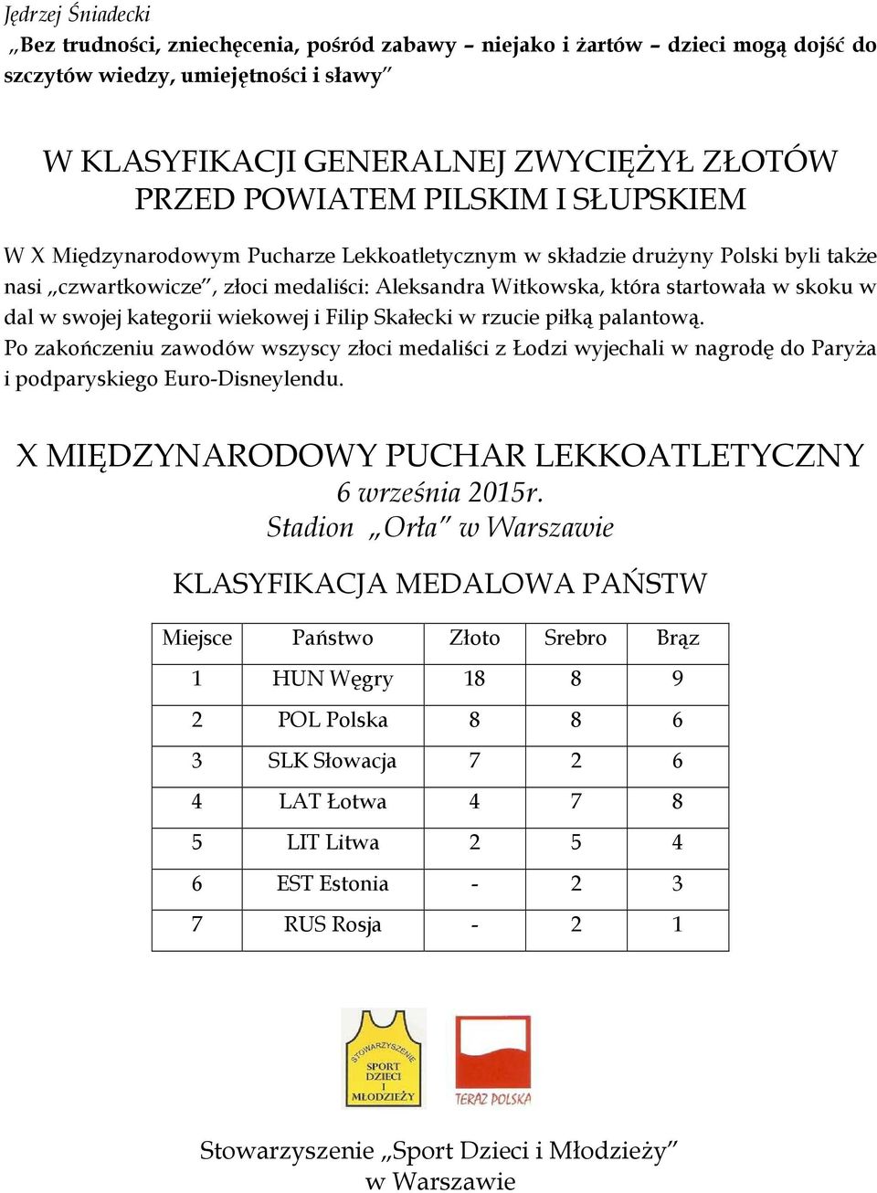 swojej kategorii wiekowej i Filip Skałecki w rzucie piłką palantową. Po zakończeniu zawodów wszyscy złoci medaliści z Łodzi wyjechali w nagrodę do Paryża i podparyskiego Euro-Disneylendu.