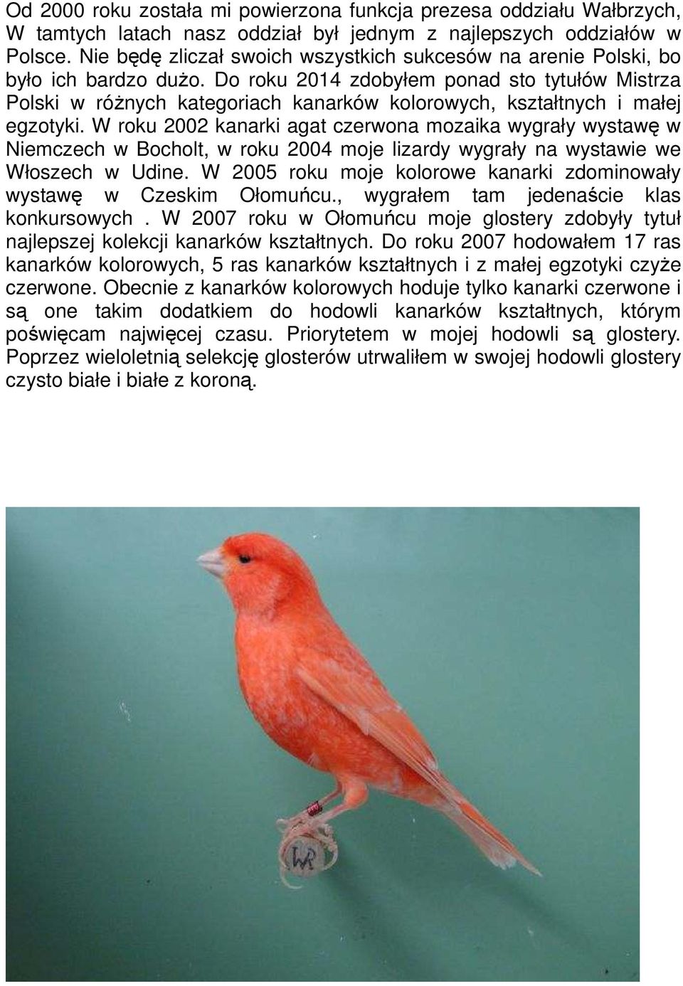 Do roku 2014 zdobyłem ponad sto tytułów Mistrza Polski w różnych kategoriach kanarków kolorowych, kształtnych i małej egzotyki.
