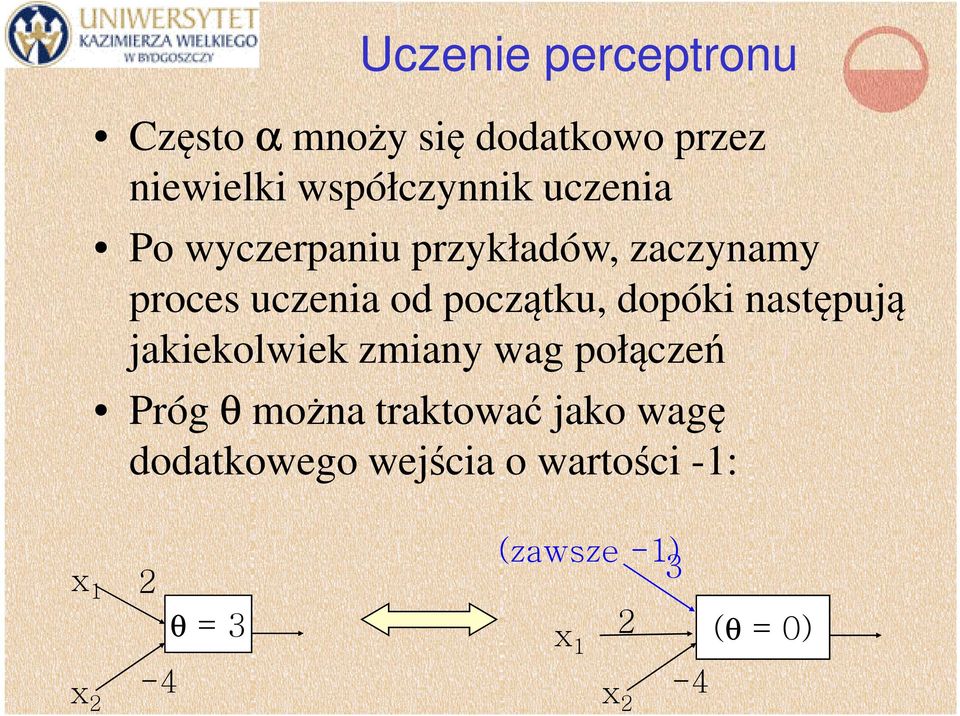 dopóki następują jakiekolwiek zmiany wag połączeń Próg θ można traktować jako