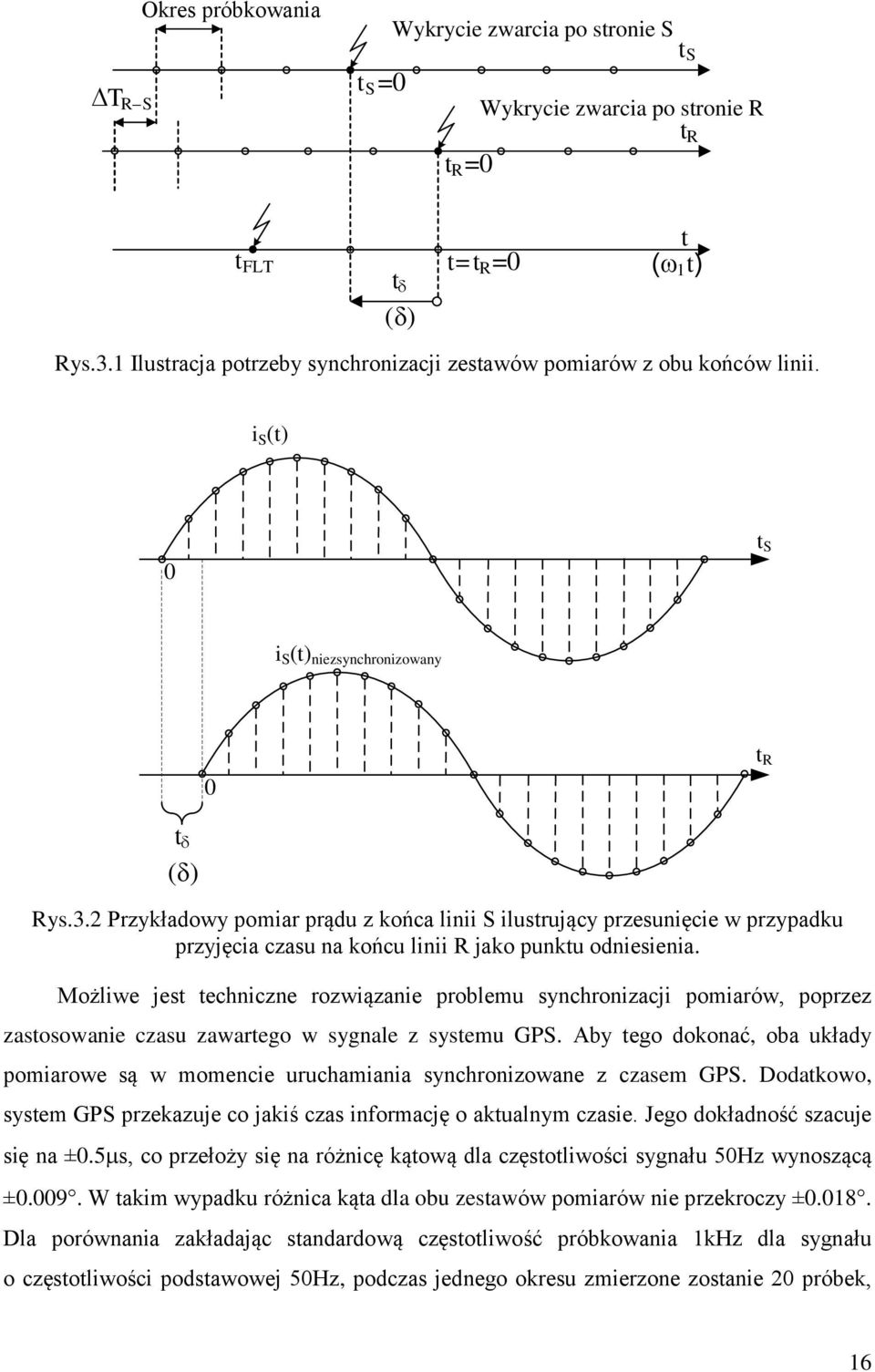 Przykładowy pomiar prądu z końca linii S ilustrujący przesunięcie w przypadku przyjęcia czasu na końcu linii R jako punktu odniesienia.