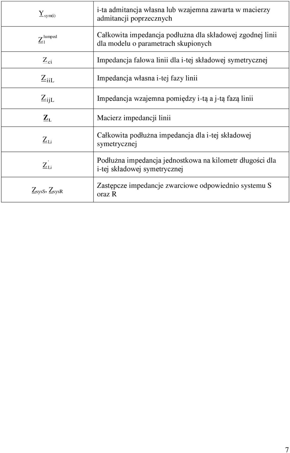 wzajemna pomiędzy i-tą a j-tą fazą linii Z L Z Li Z Li Z syss, Z sysr Macierz impedancji linii Całkowita podłużna impedancja dla i-tej składowej