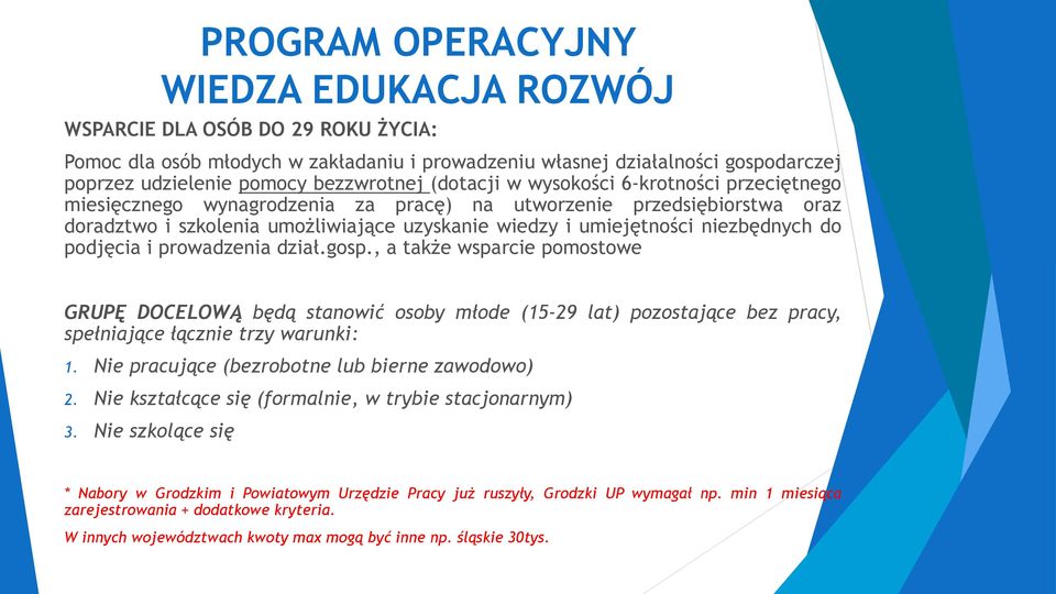 do podjęcia i prowadzenia dział.gosp., a także wsparcie pomostowe GRUPĘ DOCELOWĄ będą stanowić osoby młode (15-29 lat) pozostające bez pracy, spełniające łącznie trzy warunki: 1.