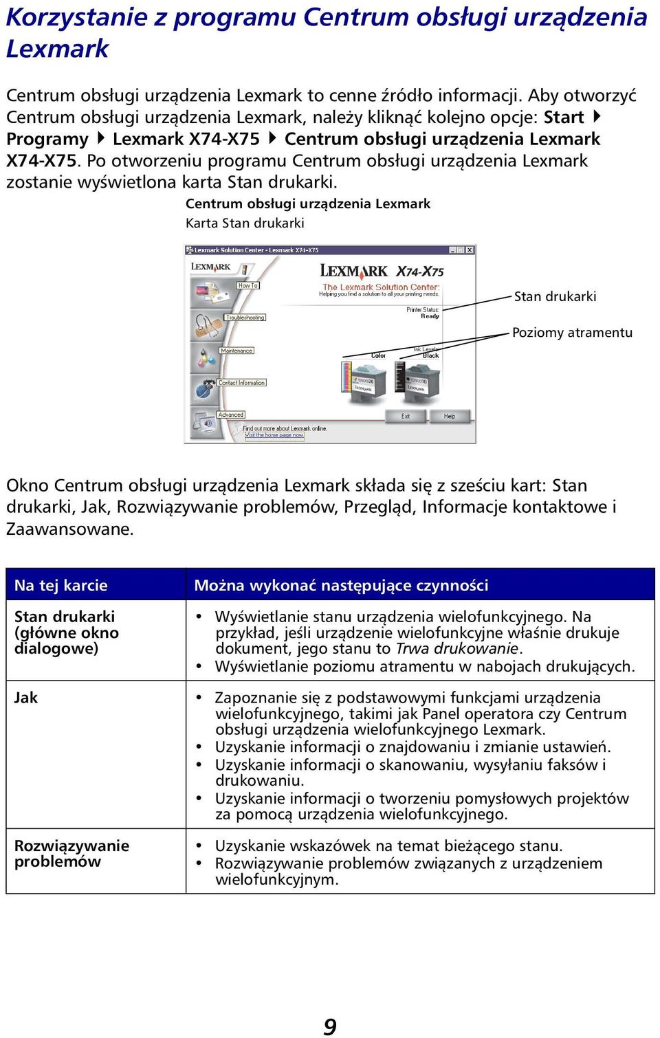 Po otworzeniu programu Centrum obsługi urządzenia Lexmark zostanie wyświetlona karta Stan drukarki.