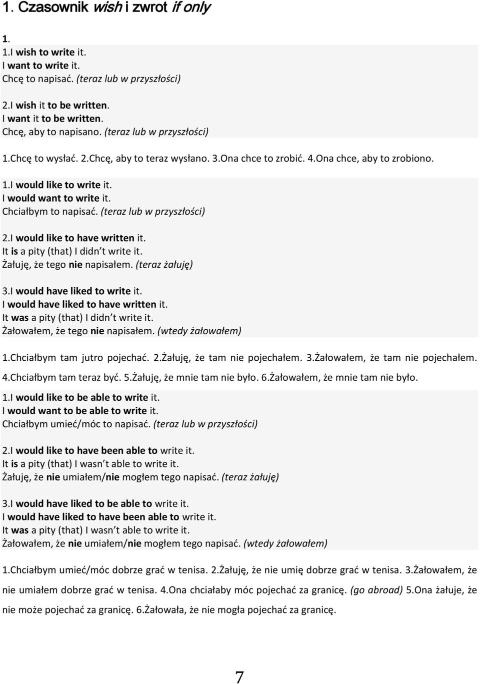 (teraz lub w przyszłości) 2.I would like to have written it. It is a pity (that) I didn t write it. Żałuję, że tego nie napisałem. (teraz żałuję) 3.I would have liked to write it.