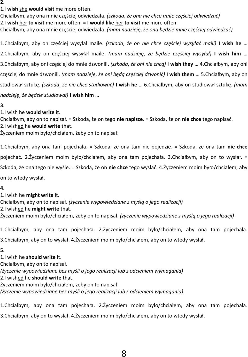 (szkoda, że on nie chce częściej wysyład maili) I wish he 2.Chciałbym, aby on częściej wysyłał maile. (mam nadzieję, że będzie częściej wysyłał) I wish him 3.