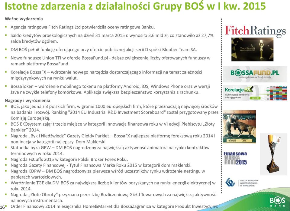 DM BOŚ pełnił funkcję oferującego przy ofercie publicznej akcji serii D spółki Bloober Team SA. Nowe fundusze Union TFI w ofercie BossaFund.