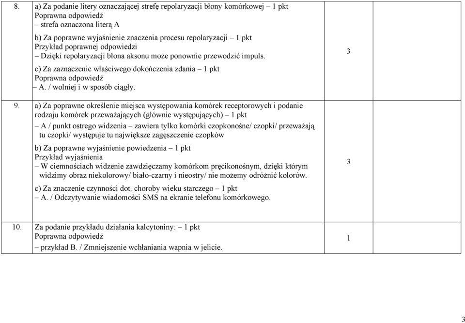 a) Za poprawne określenie miejsca występowania komórek receptorowych i podanie rodzaju komórek przeważających (głównie występujących) pkt A / punkt ostrego widzenia zawiera tylko komórki czopkonośne/