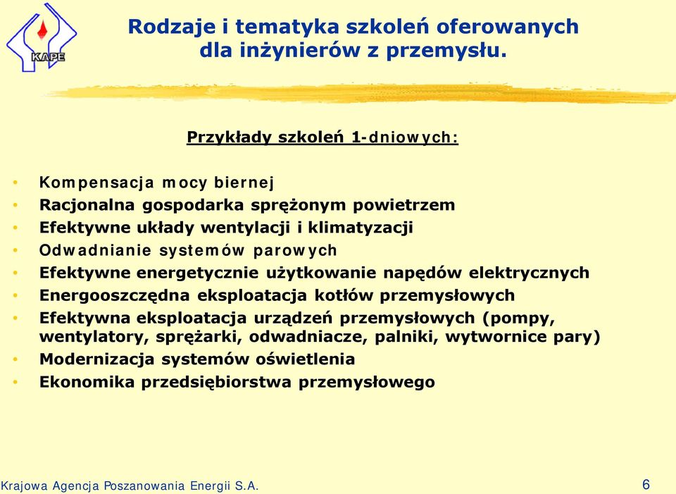 Odwadnianie systemów parowych Efektywne energetycznie użytkowanie napędów elektrycznych Energooszczędna eksploatacja kotłów przemysłowych