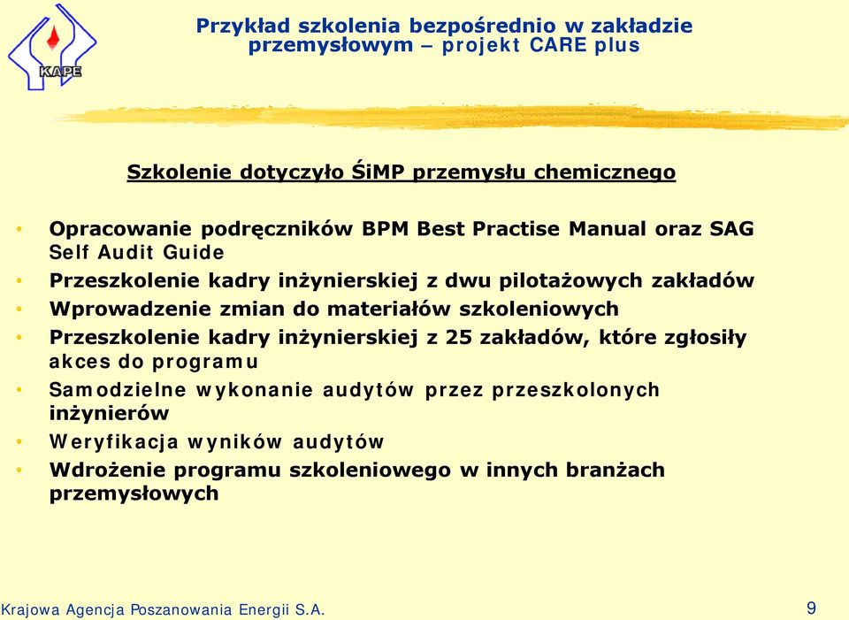 szkoleniowych Przeszkolenie kadry inżynierskiej z 25 zakładów, które zgłosiły akces do programu Samodzielne wykonanie audytów przez przeszkolonych