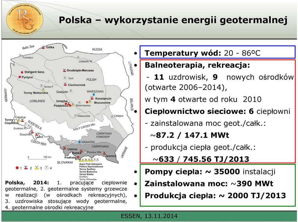 11.2014 Temperatury wód: 20-86ºC Balneoterapia, rekreacja: - 11 uzdrowisk, 9 nowych ośrodków (otwarte 2006 2014), w tym 4 otwarte od roku 2010 Ciepłownictwo
