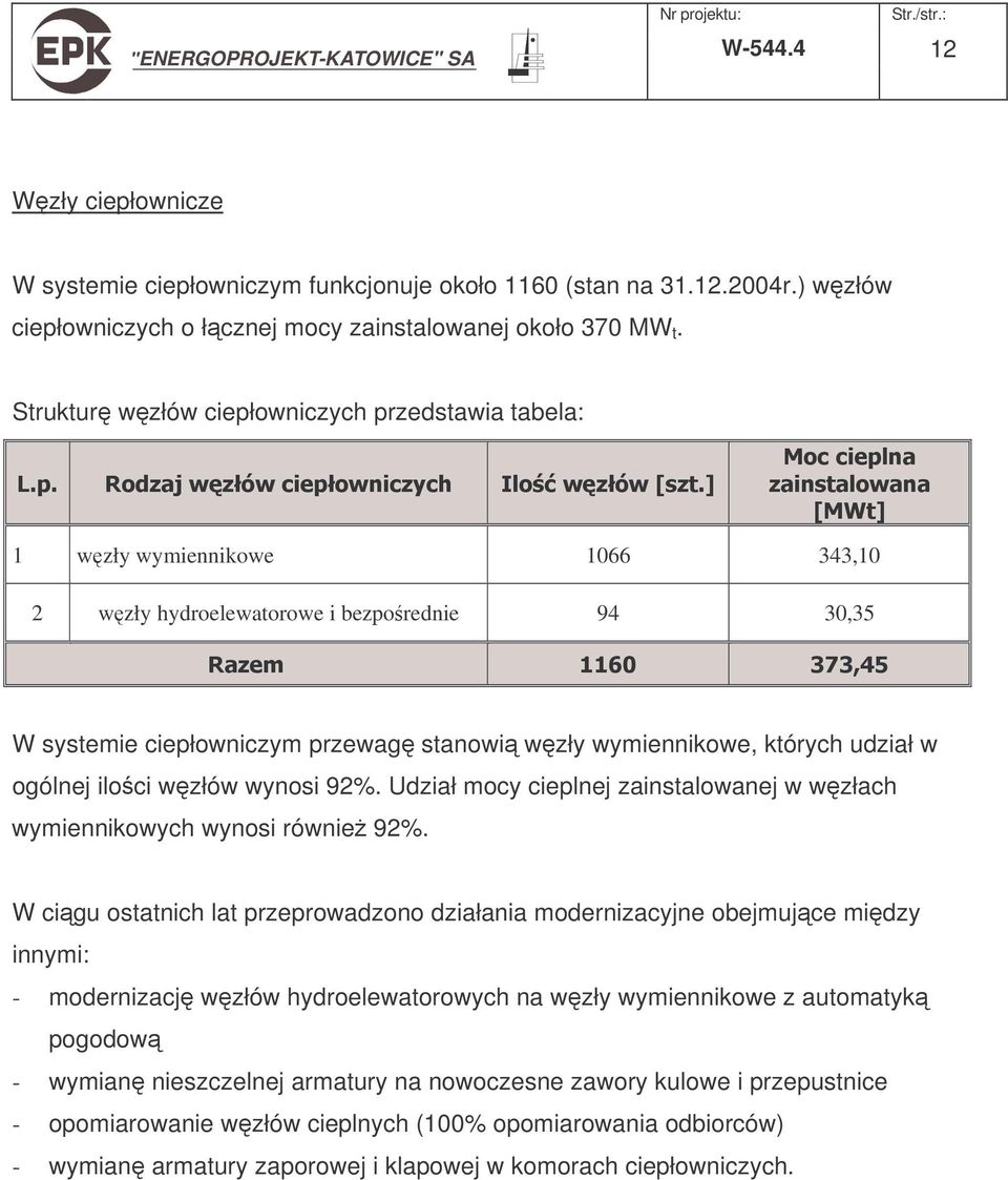 W systemie ciepłowniczym przewag stanowi wzły wymiennikowe, których udział w ogólnej iloci wzłów wynosi 92. Udział mocy cieplnej zainstalowanej w wzłach wymiennikowych wynosi równie 92.