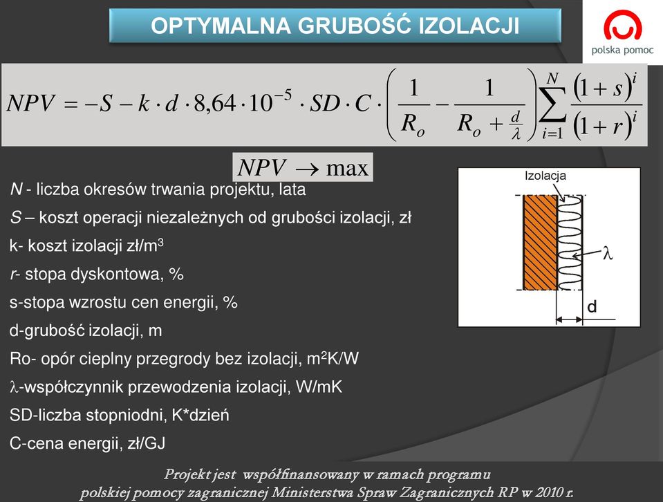 % d-grubość zolacj, m Ro- opór ceplny przegrody bez zolacj, m 2 K/W λ-współczynnk przewodzena zolacj, W/mK SD-lczba stopnodn, K*dzeń